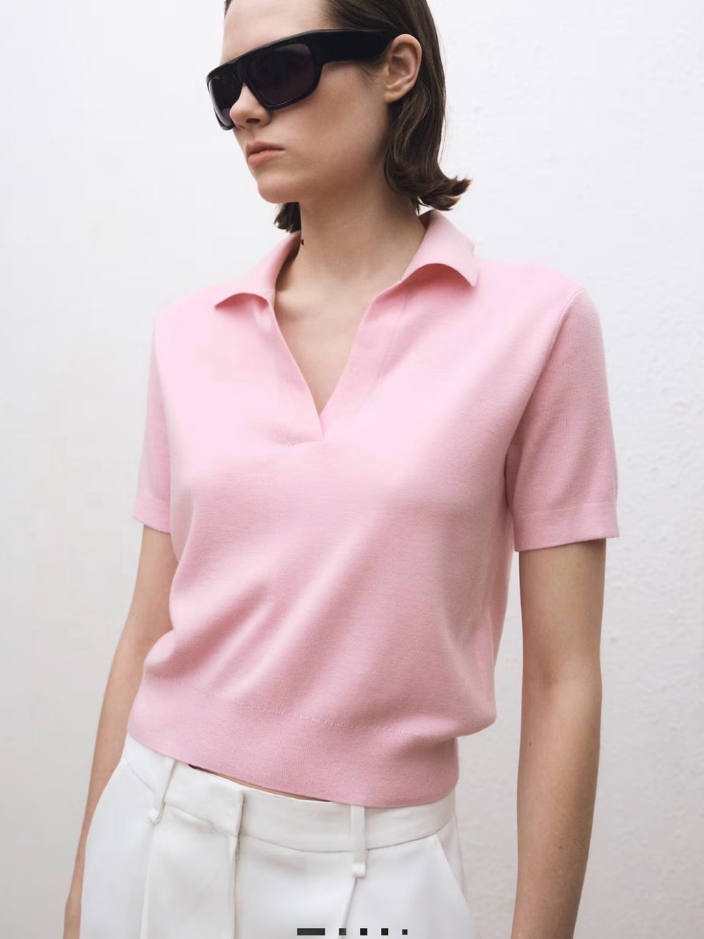 Mango Pink V-Neck Short Sleeve Polo Top